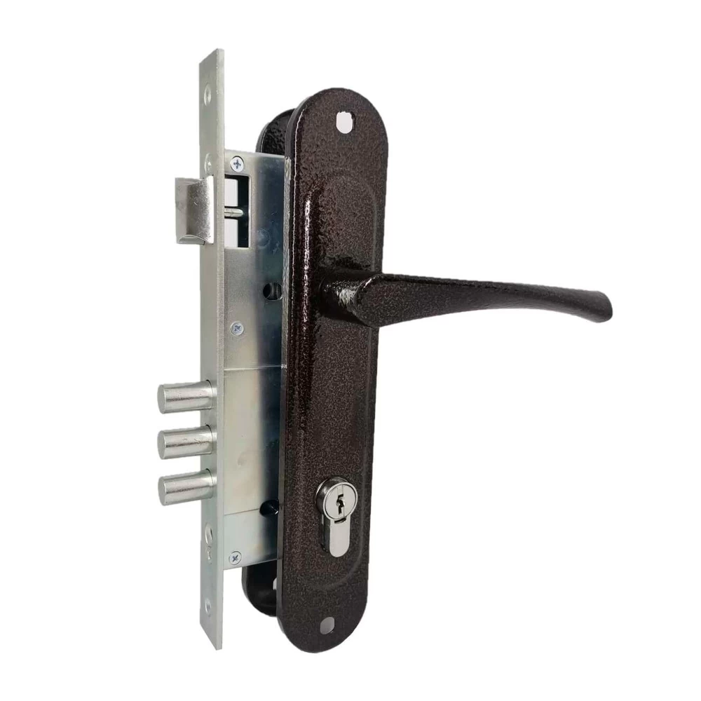 Фото Замок врезной цилиндровый с защёлкой в комплекте с ручкой ЗВ4-85/07 (медь антик), 4 кл.